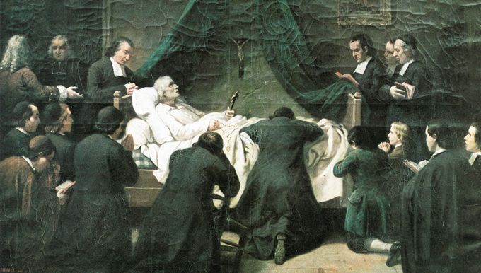 Des Frères et d'autres personnes prient avec Jean-Baptiste de La Salle