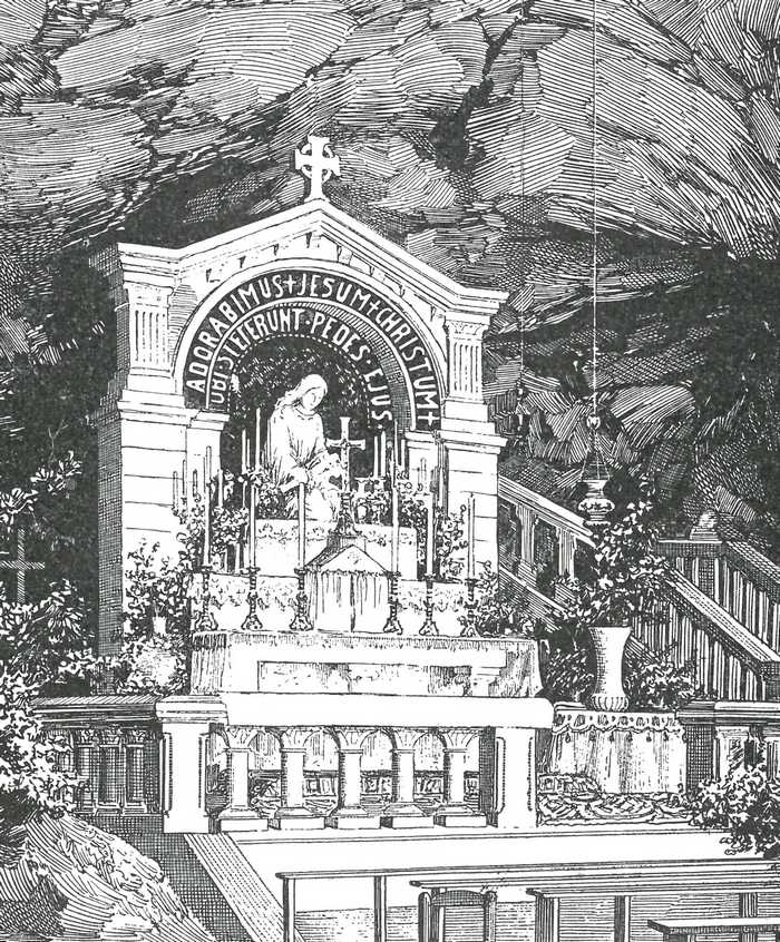 L'autel de la grotte selon un dessin de Thadée (dans Ravelet)